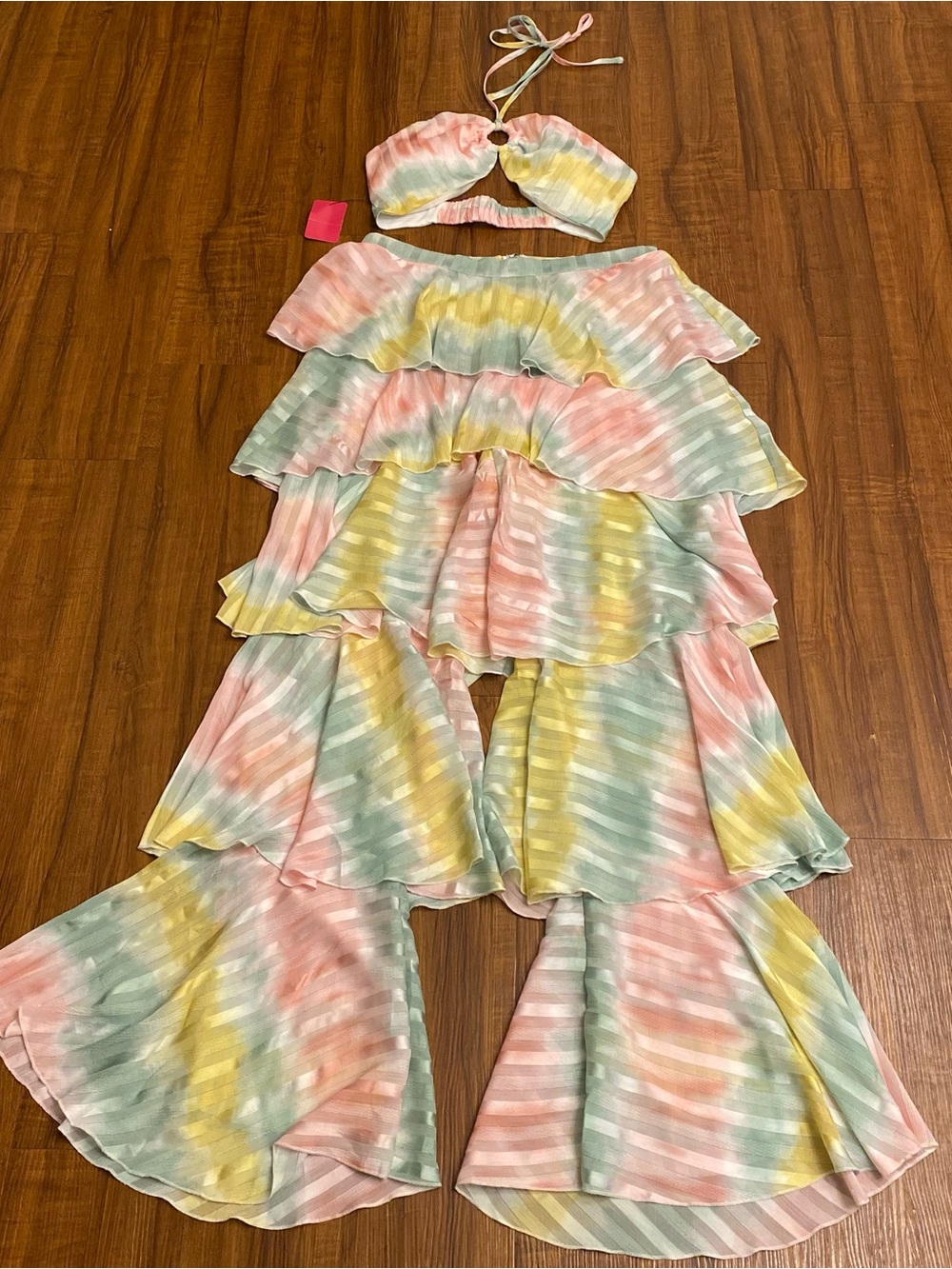 New Ladies Multi-Color Tiered Ruffle Pants with Matching Halter Top